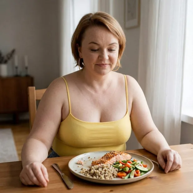Mulher à mesa diante de um prato equilibrado