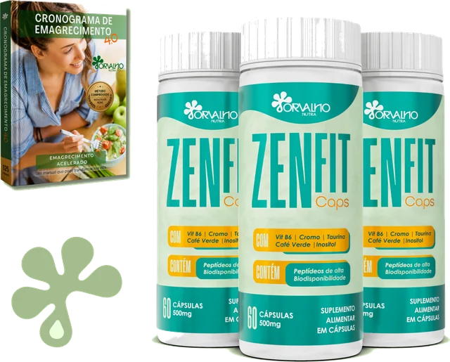 3 frascos de ZenFit Caps com o ebook Cronograma de Emagrecimento